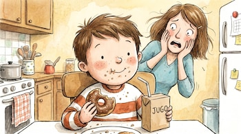 Ilustración de un niño comiendo una dona con chispas y bebiendo jugo, con la cara manchada. Detrás, una mujer con expresión asustada en una cocina.