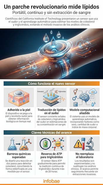 Ilustración de un parche sensor en un brazo con diagramas sobre su funcionamiento, la medición de lípidos en sudor y elementos de laboratorio.