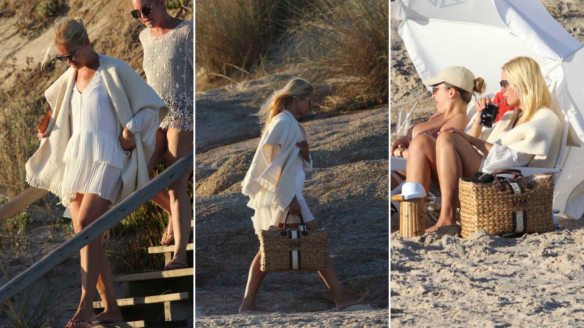 Tres momentos de Valeria en una tarde playera en compañía de amigos