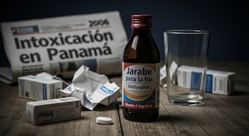 Botella de jarabe para la tos con la etiqueta 'Dietietenglicol', un vaso vacío, un periódico con 'Intoxicación en Panamá 2006', una pastilla y cajas de medicamentos.