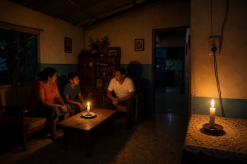 Un hombre, una mujer y un niño están sentados en una sala oscura iluminada por dos velas encendidas sobre mesas de madera.