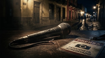 Micrófono con el cable cortado y credencial con el texto PRENSA sobre una mesa de madera en una calle de noche.