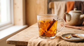 Taza de vidrio con líquido ámbar, cáscaras de naranja y canela sobre una mesa de madera, junto a un plato pequeño, una cuchara y una tetera.