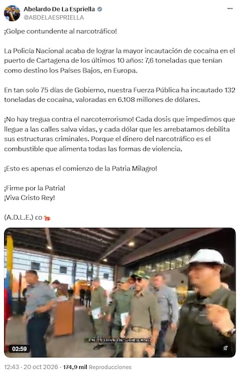 Abelardo de la Espriella destacó incautación de 7,6 toneladas de cocaína en Cartagena - crédito @ABDELAESPRIELLA/X