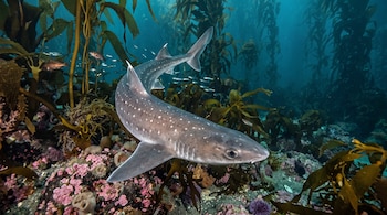 Un tiburón gris con manchas blancas nada en el agua entre algas altas, peces pequeños y rocas cubiertas de organismos rosados.