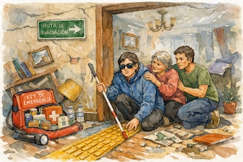 Tres personas agachadas en un hogar con objetos caídos. Un hombre con bastón blanco y gafas oscuras junto a un kit de emergencia. Señal de evacuación y ruta táctil.