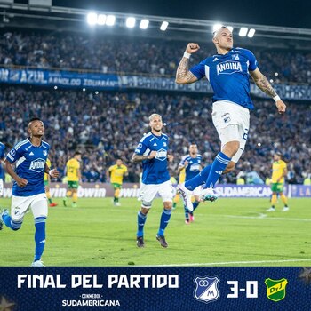 Millonarios venció 3-0 a Defensa y Justicia de Argentina. (@MillosFCoficial)