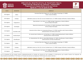 Conoce las unidades móviles del Edomex que estarán habilitadas del 17 al 22 de agosto (Semovi Edomex)