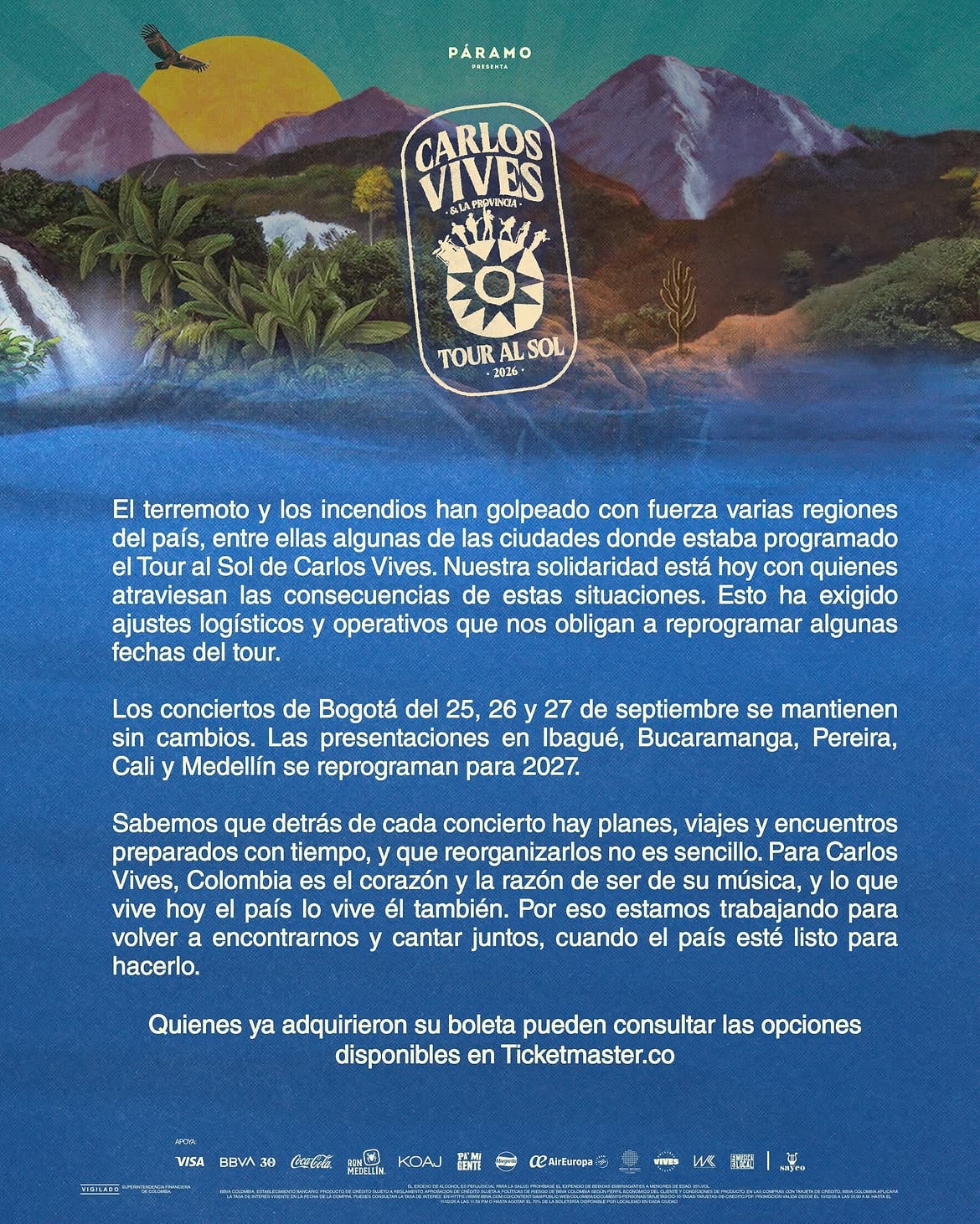 Bogotá mantiene sin cambios las tres fechas de Carlos Vives previstas para el 25, 26 y 27 de septiembre - crédito Páramo Presenta