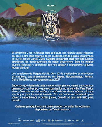 Bogotá mantiene sin cambios las tres fechas de Carlos Vives previstas para el 25, 26 y 27 de septiembre - crédito Páramo Presenta