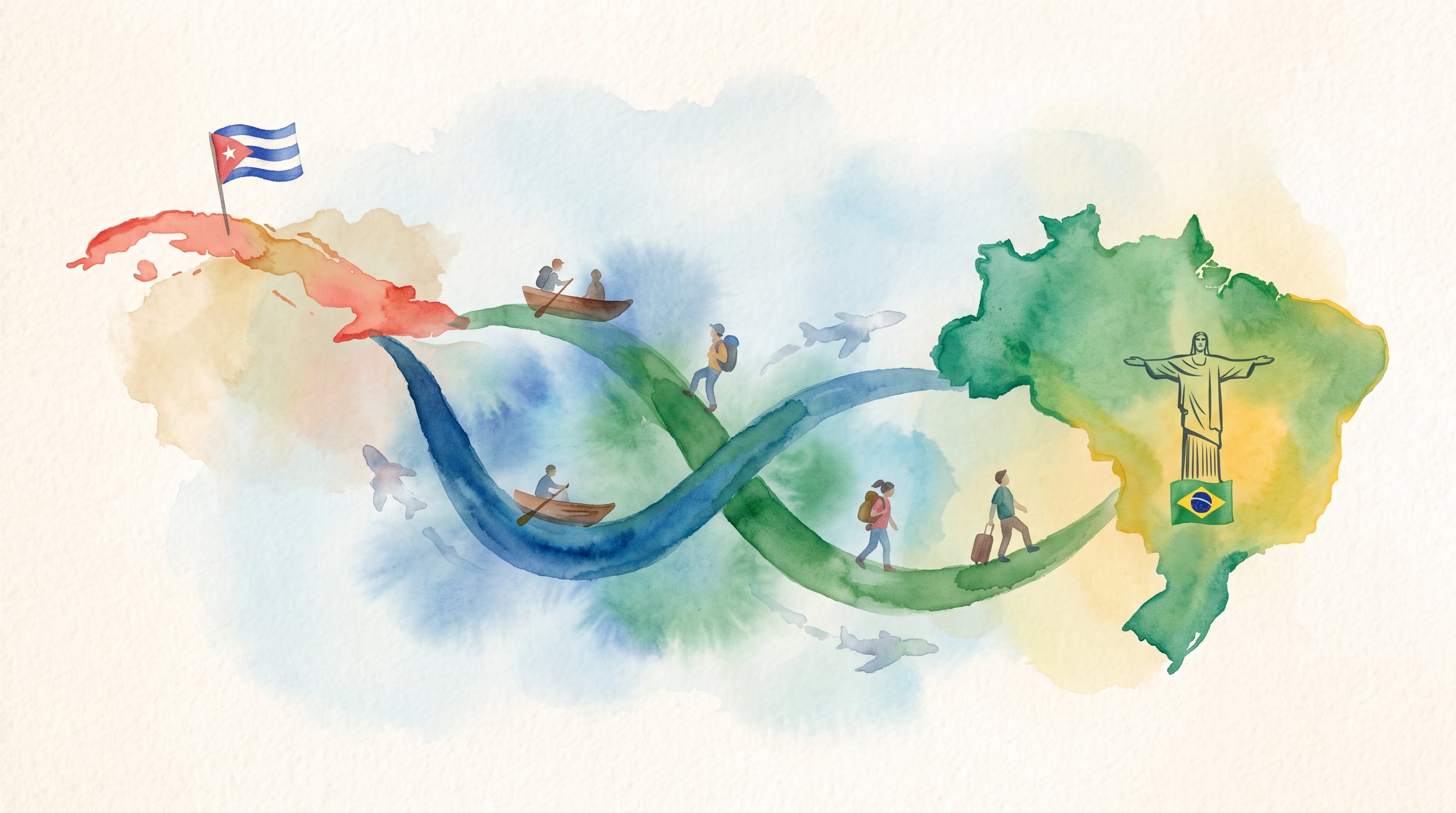 Un mapa conceptual conecta a Cuba y Brasil mediante trazos en acuarela que representan las rutas de los migrantes por tierra, mar y aire. (Imagen Ilustrativa Infobae)