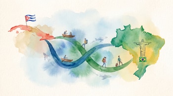 Dibujo en acuarela con los mapas de Cuba y Brasil unidos por líneas con personas caminando, en botes y siluetas de aviones.
