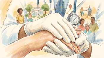 Manos enguantadas de un médico sostienen la mano de un paciente, un estetoscopio, un tensiómetro, una clínica y varias personas.