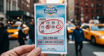 Primer plano de una mano sosteniendo un boleto de Mega Millions con números de sorteo y montos de USD 2,000,000 y USD 1,300,000. Fondo borroso de una calle de ciudad con taxis amarillos.