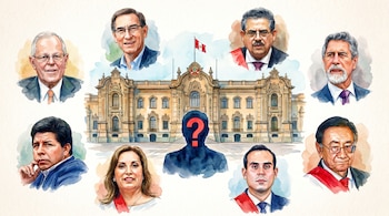 Ilustración acuarela del Palacio de Gobierno de Perú, rodeado por ocho retratos de presidentes peruanos y una silueta oscura con un signo de interrogación al frente.