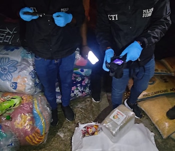 Un binomio canino facilitó la detección inicial del cargamento antes de las pruebas periciales del CTI. (Prensa Armada de Colombia)