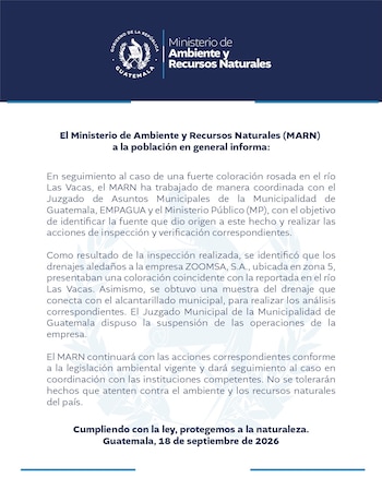 Las autoridades de Guatemala ordenaron la suspensión precautoria de Zoomsa por la contaminación reportada en el río Las Vacas.