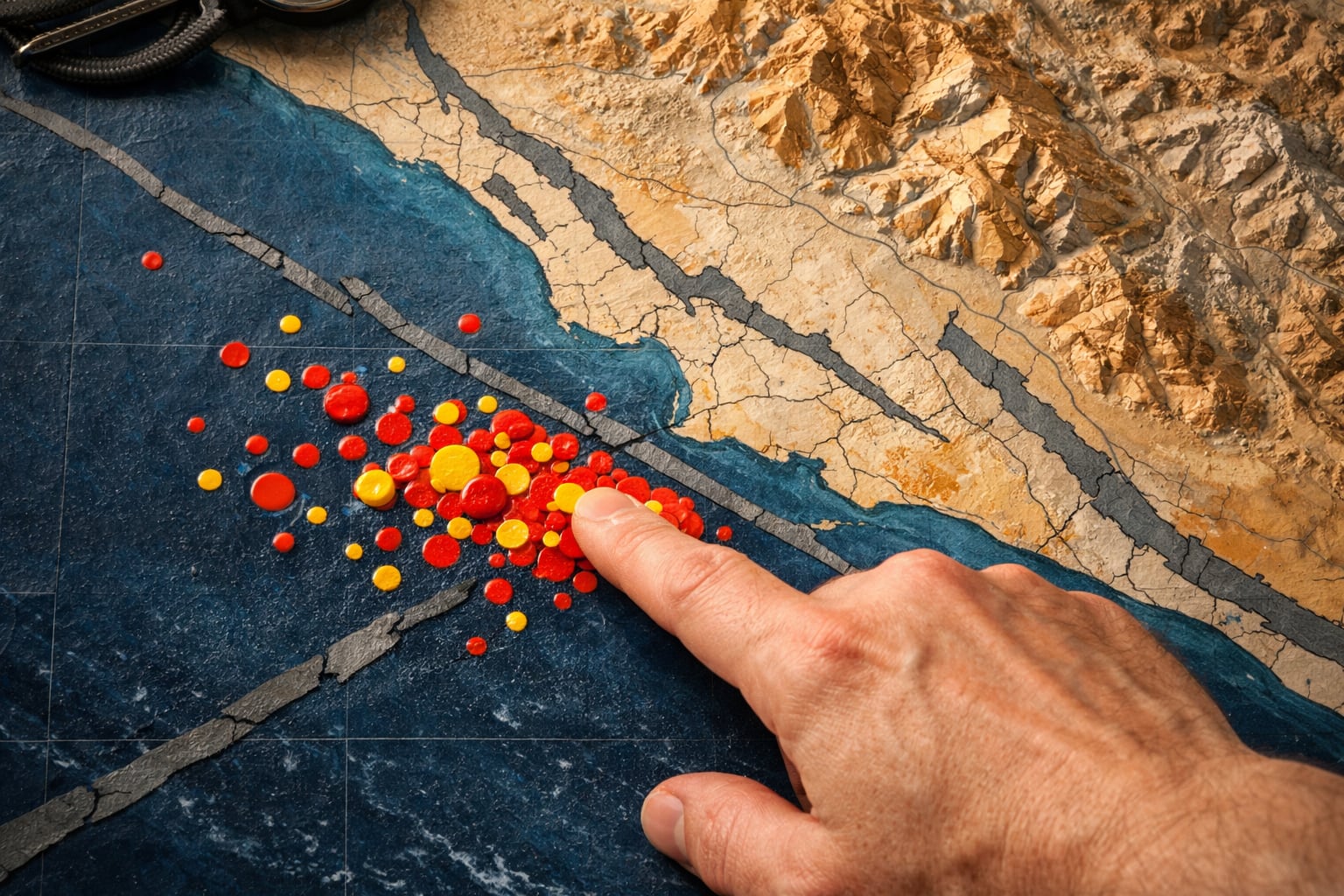 Un mapa físico de la región de Ica, Perú, con fallas tectónicas y epicentros de sismos en el océano, es señalado por una mano que indica la zona de mayor energía acumulada. (Imagen Ilustrativa Infobae)