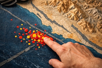 Mapa topográfico muestra el océano y la costa con cadenas montañosas y líneas de falla. Círculos rojos y amarillos marcan epicentros en el mar. Una mano señala el mapa.
