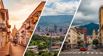 Collage diagonal que muestra una calle colonial de Cartagena con balcones, el metrocable de Medellín y su skyline, y una avenida de Bogotá con un autobús rojo.