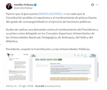 Jennifer Pedraza informó que radicará una demanda contra el nombramiento del presidente a su primo - crédito @JenniferPedraz/X