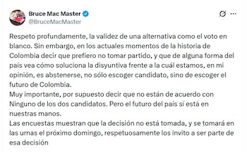 Bruce Mac Master, presidente de la Andi, dijo que no sólo escoger candidato, sino de escoger el futuro de Colombia - crédito @BruceMacMaster/X