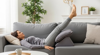 Una mujer recostada en un sofá gris con las piernas elevadas sobre un cojín de apoyo, usando una almohada beige bajo la cabeza. Se ve una taza en la mesa.
