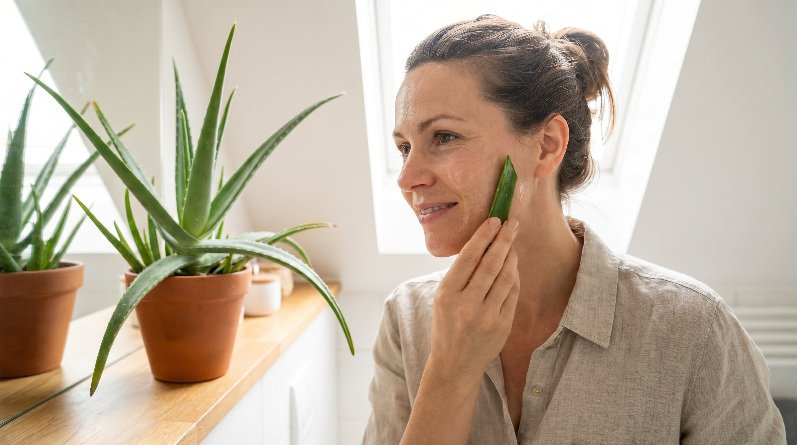 Una mujer sonriente se aplica una hoja de sábila fresca directamente en la piel de su rostro, aprovechando sus propiedades naturales para el cuidado facial. (Imagen Ilustrativa Infobae)