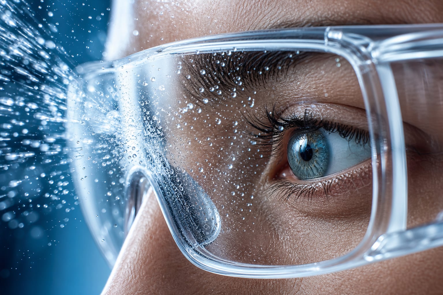 Unas gafas de protección transparentes detienen el impacto directo de salpicaduras sobre el ojo de una persona. (Imagen Ilustrativa Infobae)