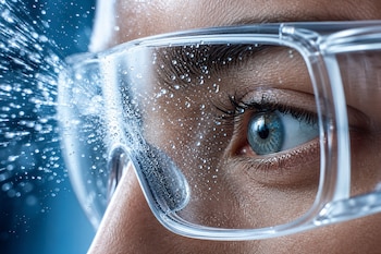 Plano detalle de un ojo detrás de unas gafas transparentes con gotas de agua asperjadas sobre la lente.