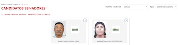 Captura de pantalla de una interfaz web mostrando las fotos de los candidatos a senador Marco Emilio Uriona Puma y Margarita Auccaysi Ortiz de Orue para Cusco