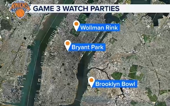 Mapa satelital de Nueva York con marcadores para Wollman Rink, Bryant Park y Brooklyn Bowl, indicando lugares para ver el partido de los Knicks