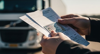 Primer plano de dos manos de adulto sosteniendo una licencia de conducir y varias hojas de documentos, con la parte frontal de un camión blanco desenfocado en el fondo.