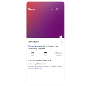 Una pantalla de teléfono móvil muestra la interfaz de una plataforma de videos cortos con un aviso de contenido generado por IA, incluyendo 25K me gusta y 1M de vistas