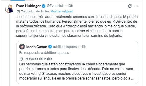 Un mensaje publicado en la red social X por Evan Hubinger advierte sobre los riesgos existenciales de la inteligencia artificial y los desafíos en el alineamiento para la superinteligencia. (@hilbertspaess)