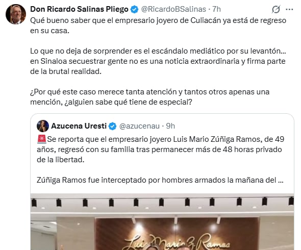 Ricardo Salinas Pliego cuestionó la cobertura del secuestro en redes. Crédito: X