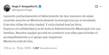 Hugo Kerguelen expresó condolencias en X y anunció acompañamiento institucional a las familias de las dos menores fallecidas en Montería - crédito @kerguelenhugo/X
