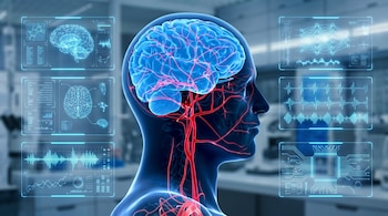 Una representación digital de la cabeza y el cuello de un ser humano, con un cerebro azul iluminado y vasos sanguíneos rojos, junto a interfaces de datos holográficas.