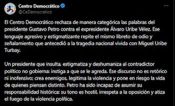 Centro Democrático rechazó palabras contra