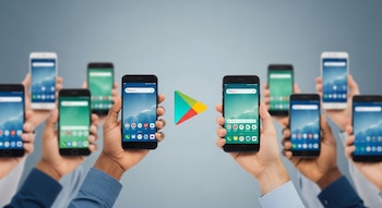 Múltiples manos de distintos tonos de piel sostienen smartphones con pantallas encendidas y apps, con el logo de Google Play nítido al centro sobre un fondo gris azulado.