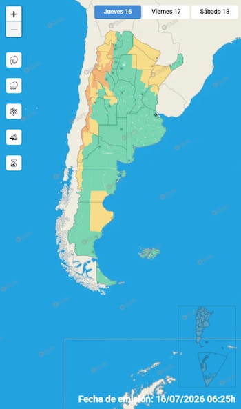 Un mapa de Argentina coloreado con verde, amarillo y naranja, junto a botones de zoom, iconos de clima y fechas, con la emisión del 16/07/2026