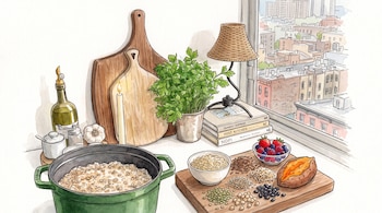 Olla verde con avena, dos tablas de madera, una vela, perejil, lámpara, libros, ventana con edificios, granos, lentejas, garbanzos, frijoles, bayas, batata, botella de aceite, salero, ajo.
