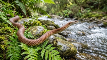 Una serpiente marrón se desliza sobre rocas y helechos verdes junto a un arroyo. Hay vegetación frondosa y árboles en el fondo.