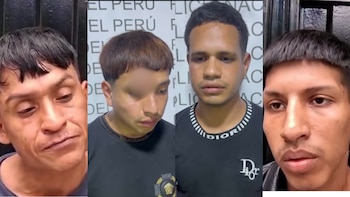 Cuatro hombres, identificados como sospechosos, aparecen en una imagen dividida, mirando con expresiones serias o cabizbajos, contra un fondo con el logo de la PNP