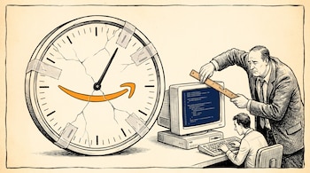 Un medidor circular agrietado con el logo de Amazon, un hombre de traje con una regla rota y una persona sentada frente a una computadora.