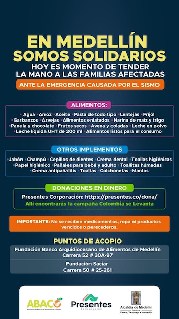 Medellín canalizó donaciones para la emergencia por el sismo a través de la campaña Colombia se levanta y de fundaciones autorizadas para recibir alimentos, mantas y aportes económicos - crédito @FicoGutierrez / X