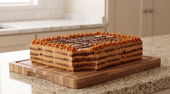 Torta rectangular con capas de galleta y crema sobre una tabla de cortar de madera en la encimera de granito de una cocina.