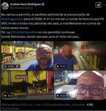 La Corte Constitucional concluyó que el concejal Andrés Felipe Rodríguez vulneró los derechos relacionados con la memoria histórica al promover e intervenir el mural "Las cuchas tienen razón" en Manizales - crédito @AndresGuryRod/X