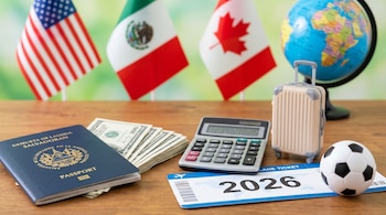 Un pasaporte salvadoreño, billetes de dólar, una calculadora, una maleta miniatura, un balón de fútbol y un boleto con "2026", con banderas de EE.UU., México y Canadá al fondo.