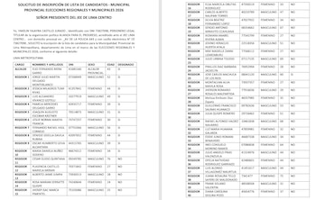 Documento oficial de solicitud de inscripción con tablas que muestran cargos, nombres, DNI, sexo, edad y estado de designación de candidatos